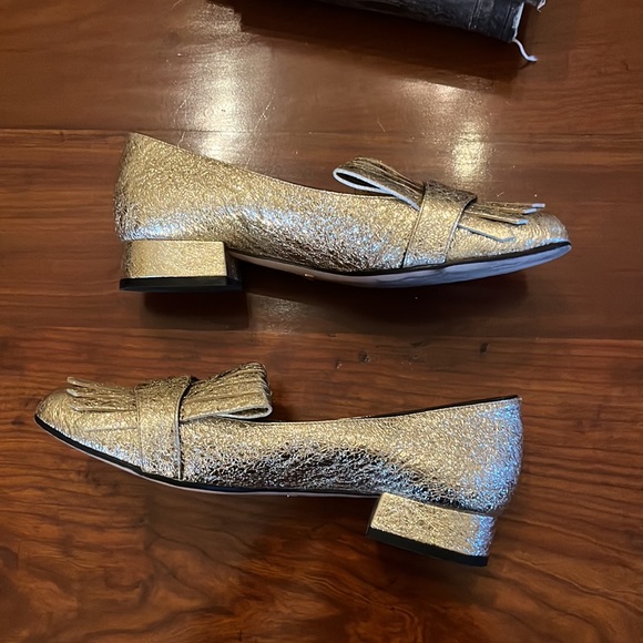 GUCCI Marmont Gold Mid Heel Loafer Fringe Metallic GG Logo - Picture 7 of 16
